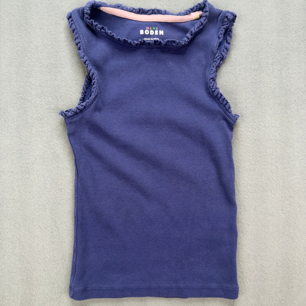 Mini Boden Pointelle Ruffle Tank Top Size 6-7 Years Blue Ribbed Sleeveless